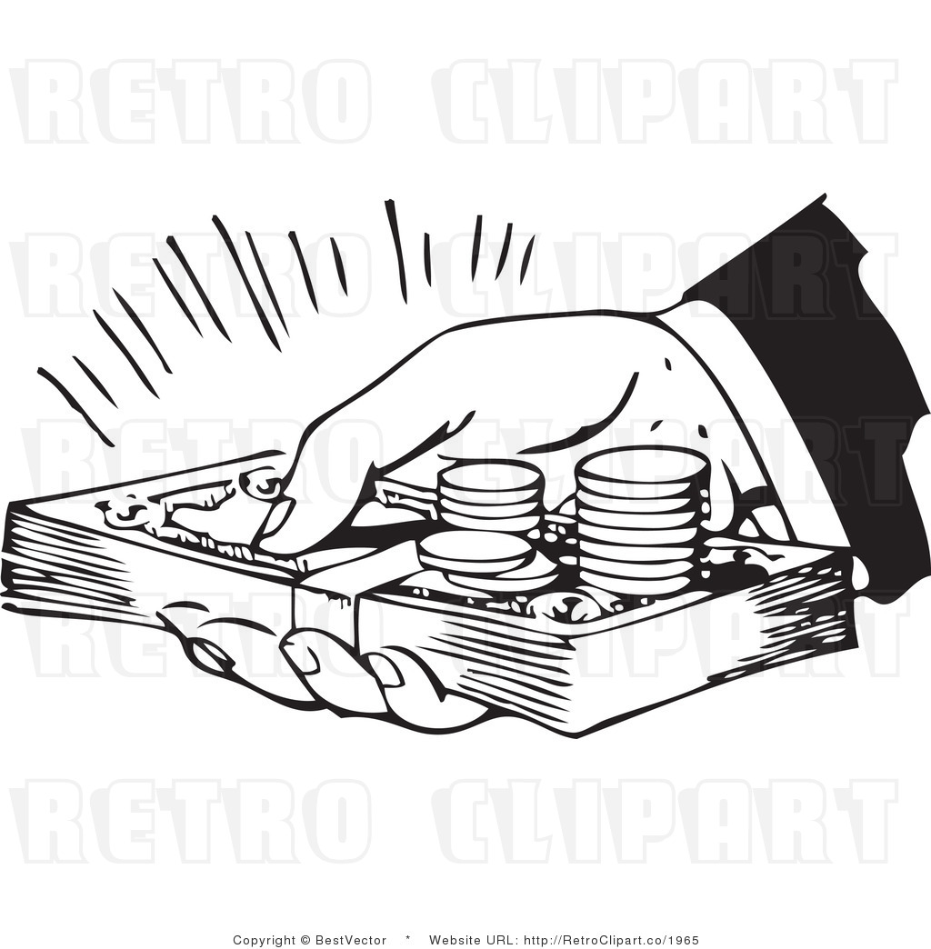 Retro Vector Clip Art of a Person's Hand Holding Lots of Cash and Coins