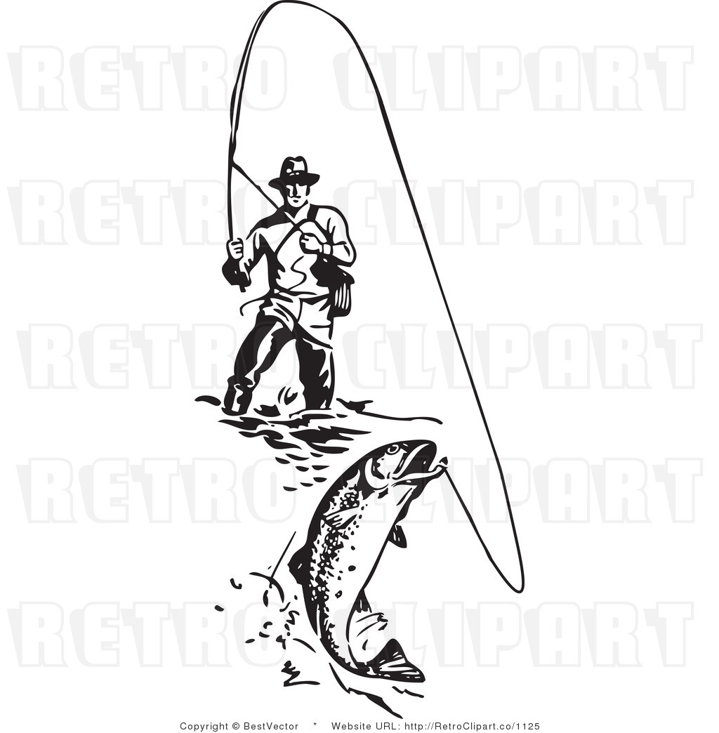 Royalty Free Black and White Retro Vector Clip Art of a Wading Fisherman
