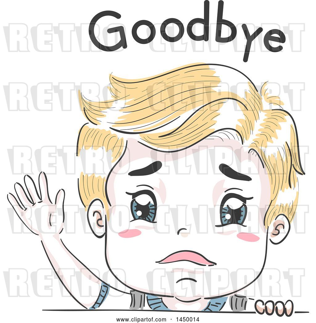 Vector Clip Art of Retro Sad Sketched Blond White Boy Waving Goodbye