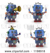 Clip Art of Retro 3d Blue Robot Toy in Four Poses 2 by Stockillustrations