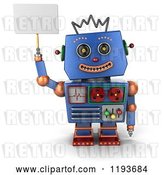 Clip Art of Retro 3d Happy Blue Robot Holding up a Sign by Stockillustrations