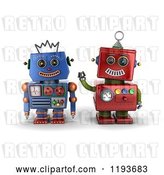 Clip Art of Retro 3d Happy Red and Blue Robot Friends by Stockillustrations