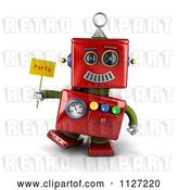 Clip Art of Retro 3d Red Metal Robot Holding a Party Sign by Stockillustrations