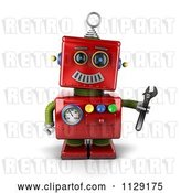 Clip Art of Retro 3d Red Repair Robot Holding a Wrench by Stockillustrations