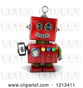 Clip Art of Retro 3d Red Robot Holding a Smart Phone with a Picture on the Screen by Stockillustrations