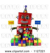 Clip Art of Retro 3d Red Robot Holding Happy Bday Signs by Stockillustrations