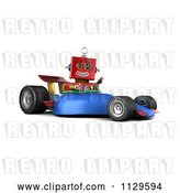 Clip Art of Retro 3d Red Robot Waving and Driving a Race Car by Stockillustrations