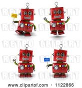 Clip Art of Retro 3d Red Robot Waving Jumping and Holding Flags by Stockillustrations