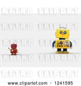 Clip Art of Retro 3d Surprised Yellow Robot Looking at a Smaller Waving Red One by Stockillustrations