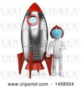 Clip Art of Retro 3d White Guy with a Rocket, on a White Background by