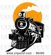 Clip Art of Retro Black Steam Train Moving Forward Against an Orange Sun by Patrimonio