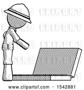 Clip Art of Retro Explorer Guy Using Large Laptop Computer Side Orthographic View by Leo Blanchette