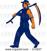 Clip Art of Retro Farmer Walking with a Scythe over His Shoulder by Patrimonio