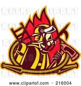 Clip Art of Retro Firefighter with an Axe, Ladder, Flames and Hose by Patrimonio