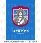Clip Art of Retro Greeting Card Design an American Patriot Holding Flintlock Pistol with Always Honor the Heroes on Patriot's Day Text on Blue by Patrimonio