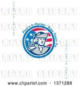 Clip Art of Retro Greeting Card Design with a Patriot and Proud to Be American, Happy Patriot's Day, Home of the Brave&Land of the Free Text on White by Patrimonio