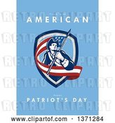 Clip Art of Retro Greeting Card Design with an American Patriot Revolutionary Soldier Carrying a Flag and Proud to Be American, Happy Patriot's Day Text on Blue by Patrimonio