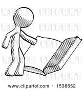Clip Art of Retro Halftone Design Mascot Guy Reading Big Book While Standing Beside It by Leo Blanchette
