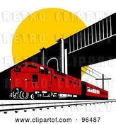Clip Art of Retro Red Diesel Train Passing Under a Bridge Against the Sun by Patrimonio