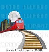 Clip Art of Retro Red Train Passing Buildings and Coming over a Hill by Patrimonio
