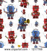 Clip Art of Retro Seamless Background of Red and Blue Robots on White by Stockillustrations