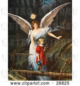 Clip Art of Retro Valentine of a Female Guardian Angel Guiding a Little Girl in a Red Dress Across a Dangerous Log Bridge over a Gorge, Circa 1890 by OldPixels