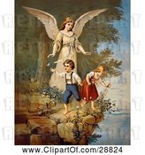 Clip Art of Retro Valentine of a Female Guardian Angel Watching over a Little Boy and Girl As They Pick Flowers and Chase Butterflies at the Edge of a Cliff, Circa 1890 by OldPixels