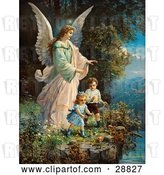 Clip Art of Retro Valentine of a Female Guardian Angel Watching over Two Little Children As They Play with a Ball and Hoop at the Edge of a Cliff, Circa 1890 by OldPixels
