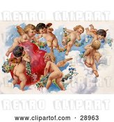 Clip Art of Retro Valentine of a Group of Playful Cherubs in the Clouds of Heaven, Decorating a Red Heart in Floral Garlands, Circa 1909 by OldPixels