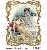 Clip Art of Retro Valentine of a Guy Holding a Flower and Looking over a Patio Wall, Admiring a Young Lady, Bordered by Golden Flowers, Circa 18th Century by OldPixels