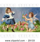 Clip Art of Retro Valentine of a Surprised Little Girl Leaning Back While Cupid Kneels Before Her, Offering Her Flowers in a Garden, Circa 1905 by OldPixels