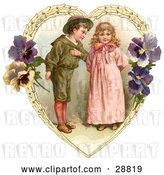 Clip Art of Retro Valentine of a Sweet Little Boy Trying to Woo a Little Girl in a Heart of Leaves and Pansy Flowers, Circa 1890 by OldPixels