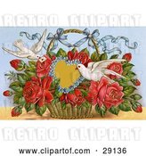Clip Art of Retro Valentine of Two Doves Delivering a Basket of Red Roses with a Blank Forget Me Not Heart and a Little Message, Circa 1909 by OldPixels