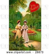 Clip Art of Retro Valentine of Two Ladies Strolling Through a Garden and Talking About a Guy in the Background by OldPixels