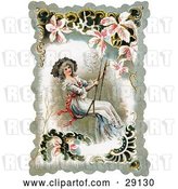 Clip Art of Retro Victorian Lady Smiling While Swinging on a Swing, Bordered by Scalloped Designs, Circa 1880 by OldPixels