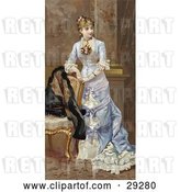 Clip Art of Retro Victorian Scene of a Young Lady in a Beautiful Dress, Resting Her Arms on a Chair and Looking off to the Right, Circa 1870 by OldPixels
