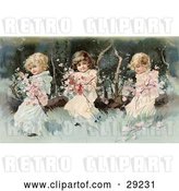 Clip Art of Retro Victorian Scene of Three Little Girls Sitting on a Fallen Tree and Making a Garland of the Pink Spring Blossoms, Circa 1890. by OldPixels
