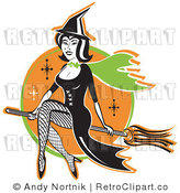 Royalty Free Retro Vector Clip Art of a Witch Riding Her Broom Stick by Andy Nortnik