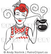 Royalty Free Vector Retro Clip Art of a 1950's Housewife Holding a Freshly Brewed Hot Pot of Coffee with Aroma Scents Swirling Around Her by Andy Nortnik