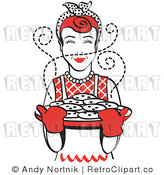 Royalty Free Vector Retro Clip Art of a 1950's Housewife Holding a Sheet Full of Hot Chocolate Chip Cookies Right out of the Oven by Andy Nortnik