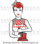 Royalty Free Vector Retro Clip Art of a 1950's Housewife or Maid Woman Using a Manual Coffee Grinder by Andy Nortnik