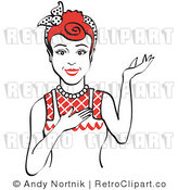 Royalty Free Vector Retro Clip Art of a 1950's Housewife, Waitress or Maid Standing with Presentation Stance by Andy Nortnik