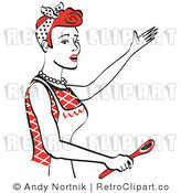 Royalty Free Vector Retro Illustration of a Red Haired Housewife or Maid Wearing an Apron While Presenting Something Spectacular with a Spoon in Her Hand by Andy Nortnik