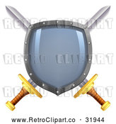 Vector Clip Art of a Blank Retro Imprinted Shield over Crossed Swords by AtStockIllustration