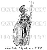 Vector Clip Art of a Confident Retro Black Outlined Athena Britannia with a Trident and Shield by AtStockIllustration