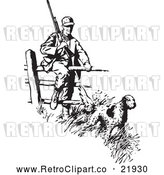 Vector Clip Art of a Hunting Retro Dog Leading a Hunter over Fence by BestVector