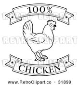 Vector Clip Art of a Retro '100 Percent Chicken' Food Banners with a Rooster in Black Lineart by AtStockIllustration