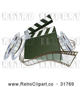 Vector Clip Art of a Retro 3d Film Reels Next to a Clapper Board by AtStockIllustration