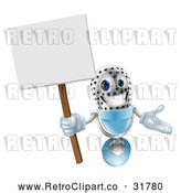 Vector Clip Art of a Retro 3d Happy Microphone Mascot Holding a Sign by AtStockIllustration