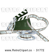 Vector Clip Art of a Retro 3d Movie Film Strip Forming a Love Heart Beside a Clapper and Reels by AtStockIllustration